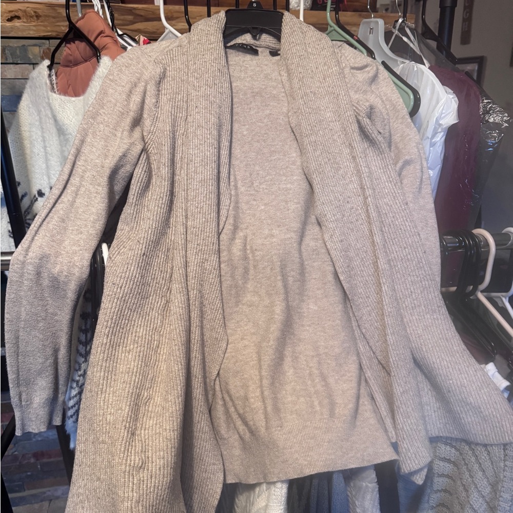 Cyrus Beige Open-Front Ribbed Cardigan Sweater